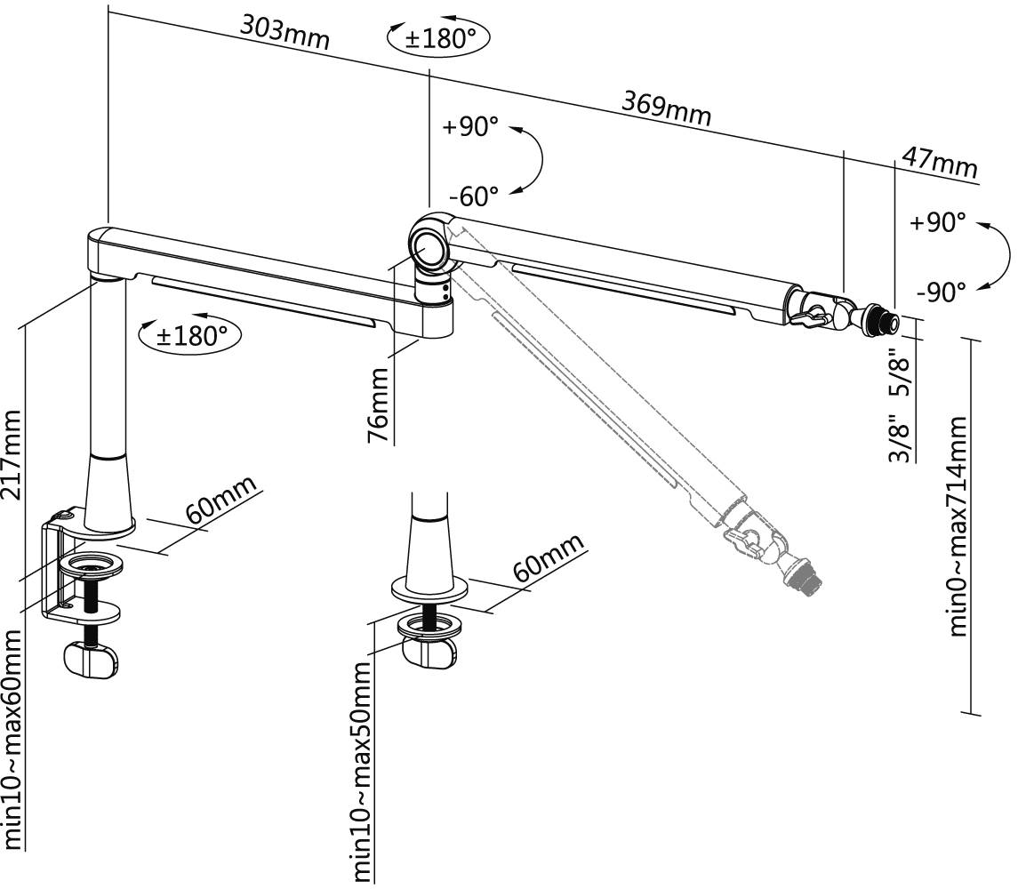 Technische Strichzeichnung einer verstellbaren Armlagerung, die Abmessungen, Rotationsgrenzen und minimale-maximale Höhen für jedes Gelenk und die Basis zeigt.
