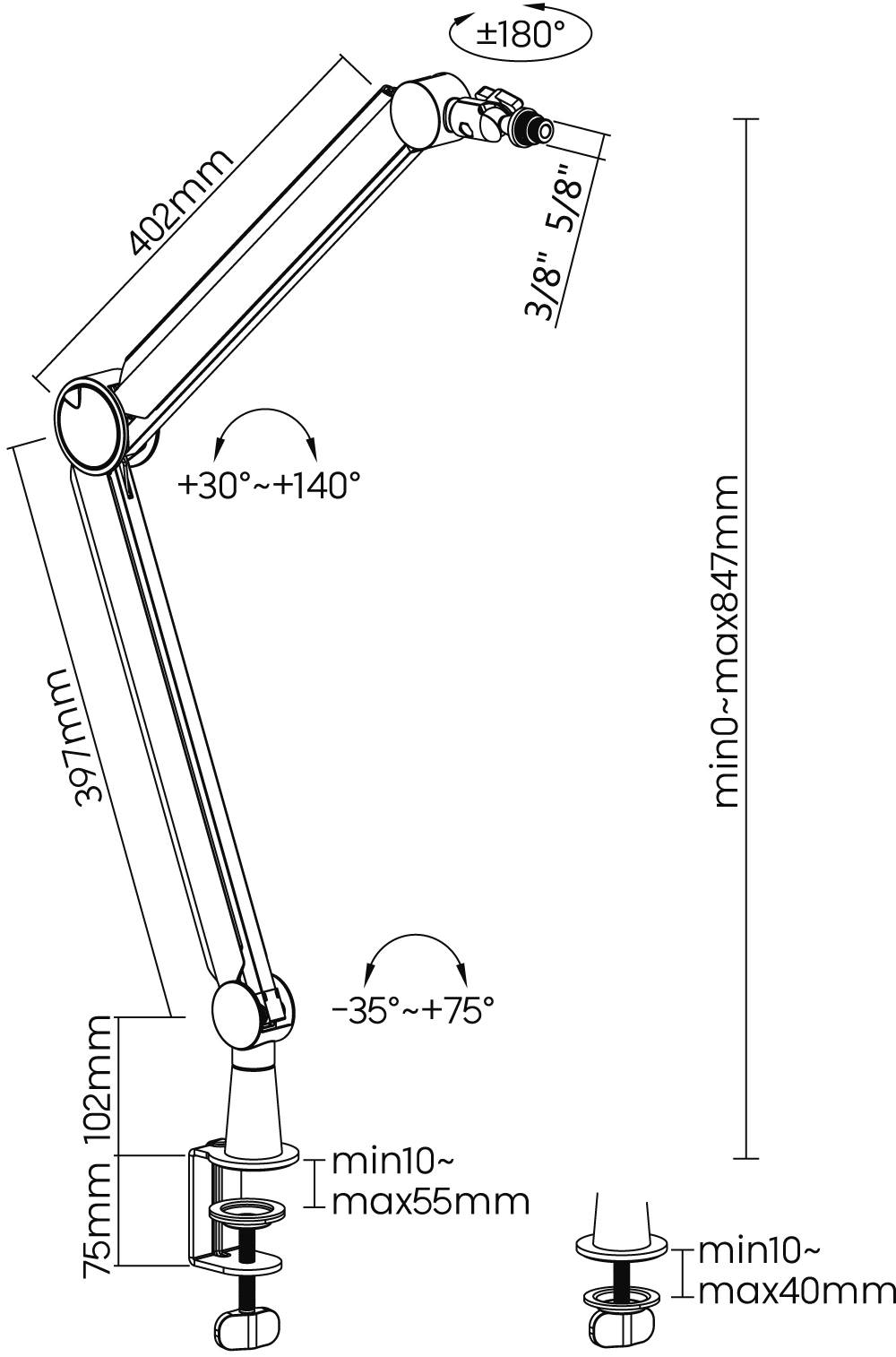 Technische Strichzeichnung eines verstellbaren gelenkigen Schreibtischlampenarms mit Abmessungen und Montageangaben, die 402 mm und 377 mm Segmente, Winkelbereiche und Klemm-/Ösenbegrenzungen zeigt.