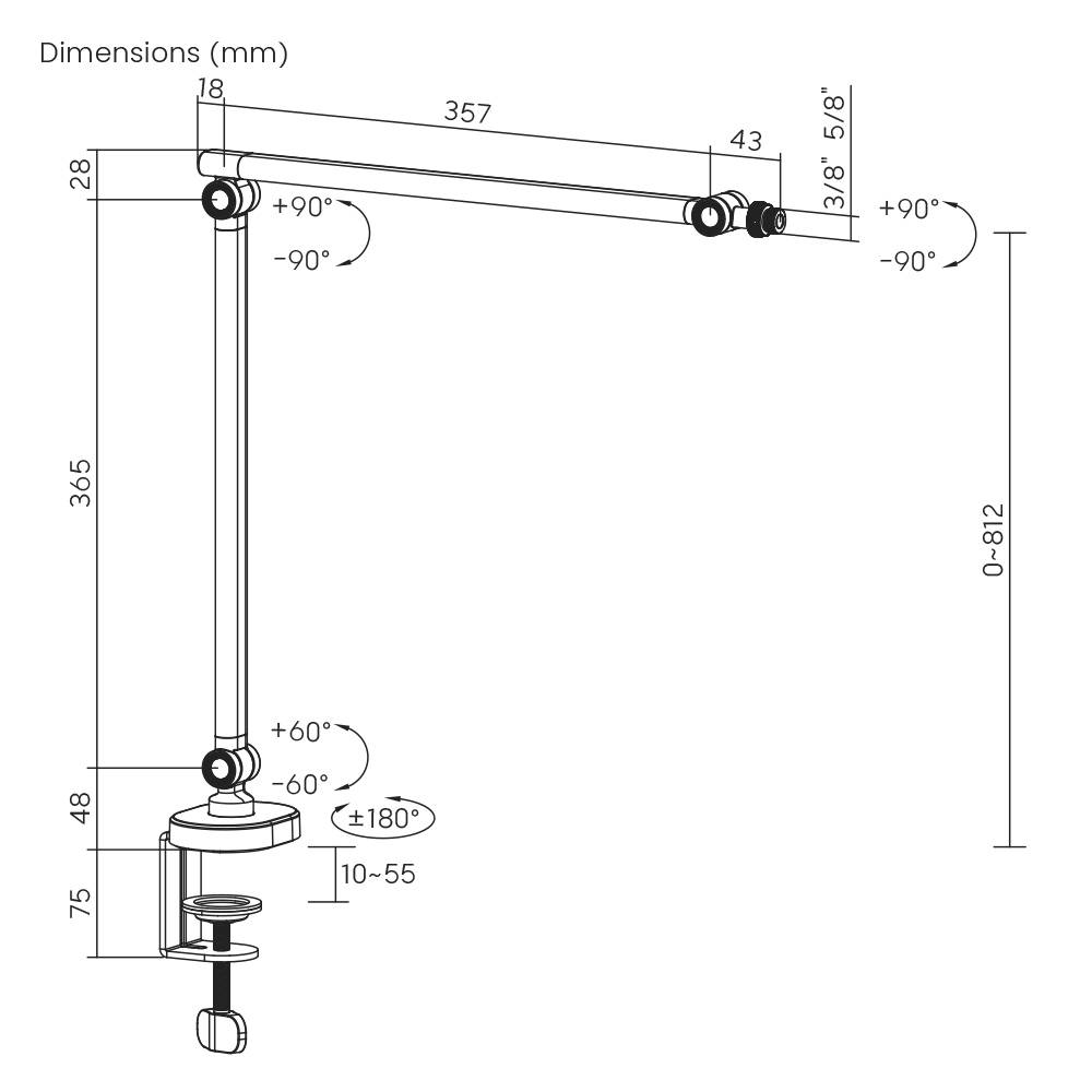 Maßstabszeichnung eines verstellbaren Schreibtischlampenarms mit Klemmfuß, mit Darstellung einer horizontalen Reichweite von 357 mm, eines vertikalen Arms von 365 mm, einer Höhe von 0–812 mm und Drehwinkeln.
