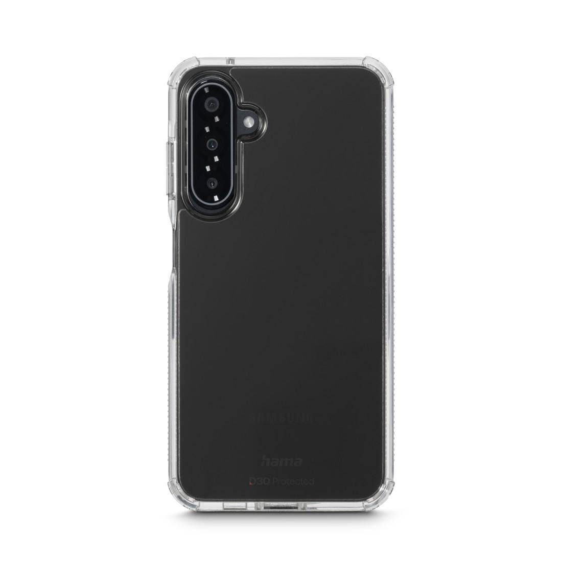 Durchsichtige Schutzhülle für Smartphone auf einem schwarzen Telefon, von hinten gezeigt mit Aussparung für die Mehrfach-Objektiv-Kamera.