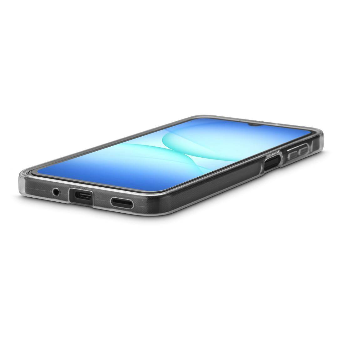 Smartphone liegt mit dem Display nach unten in einer durchsichtigen Schutzhülle, in einem Winkel auf weißem Hintergrund dargestellt.