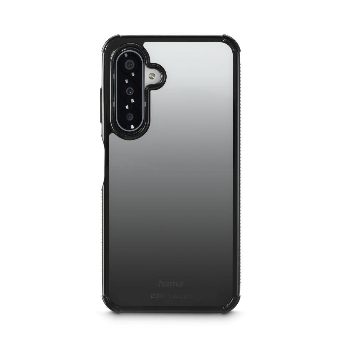 Schwarze Smartphone-Hülle mit glänzend rauchfarbener Rückseite und erhöhtem Kameraausschnitt, von vorne auf weißem Hintergrund gezeigt.