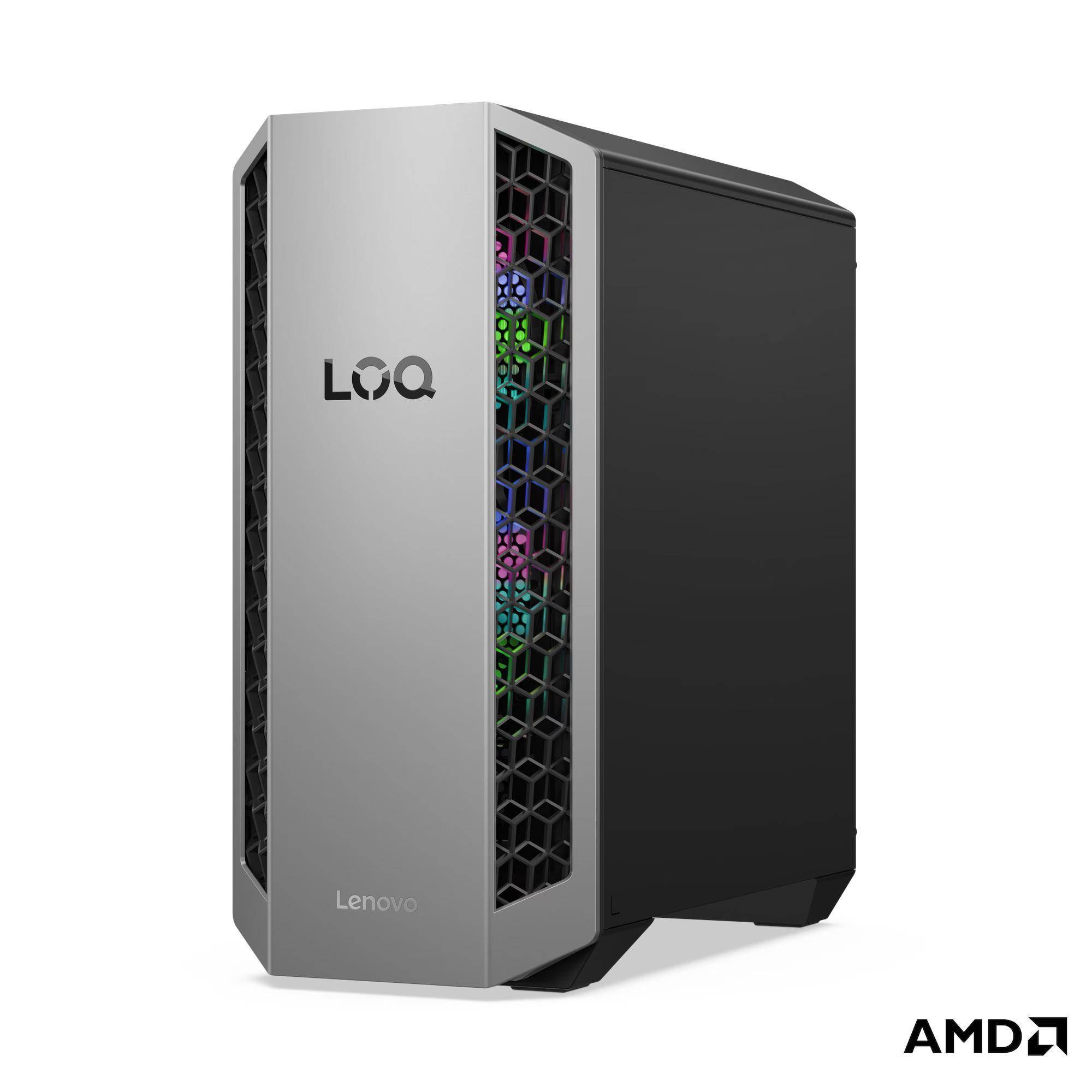 Lenovo LOQ Gaming-Desktopturm mit grauem Frontpanel, schwarzen Seitenpanelen, sichtbaren RGB-beleuchteten internen Lüftern und AMD-Logo.
