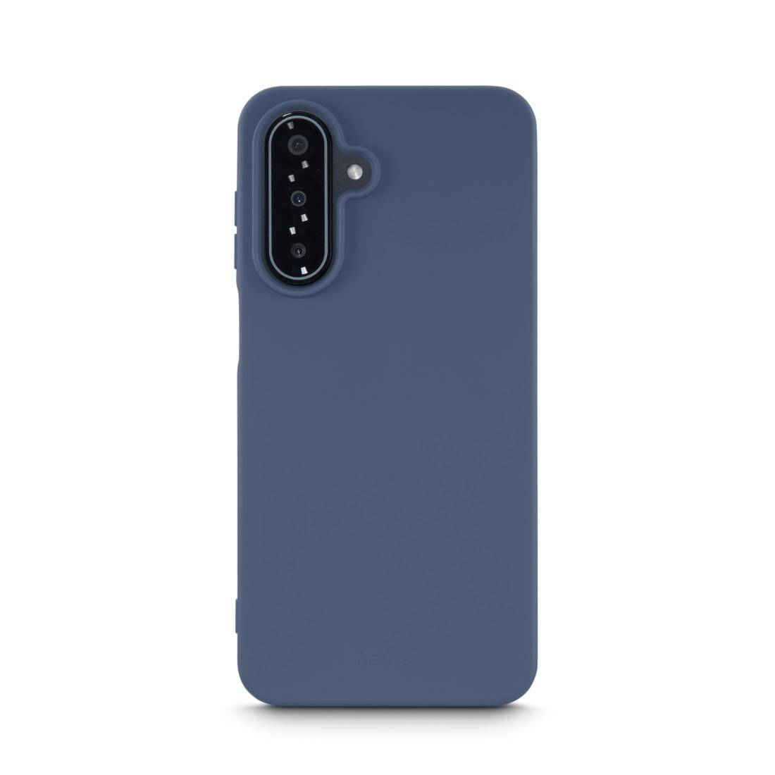 Blaue Smartphone-Hülle von hinten gezeigt, mit einem vertikalen Kameraausschnitt oben links und einer kleinen Blitzöffnung daneben.