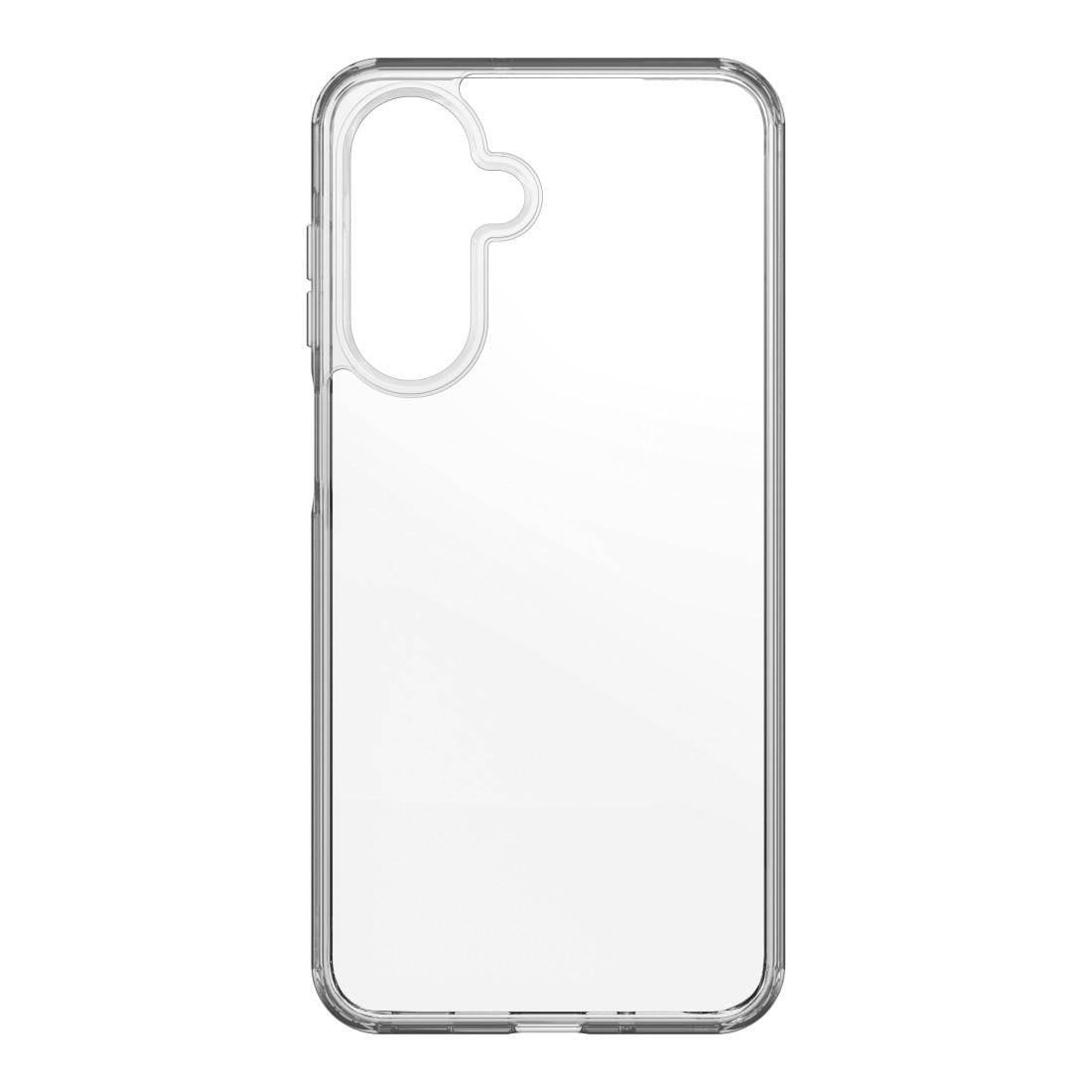 Durchsichtige, transparente Smartphone-Hülle in Vorderansicht dargestellt, mit erhöhtem Kamera-Ausschnitt und schlanken Schutzrändern.