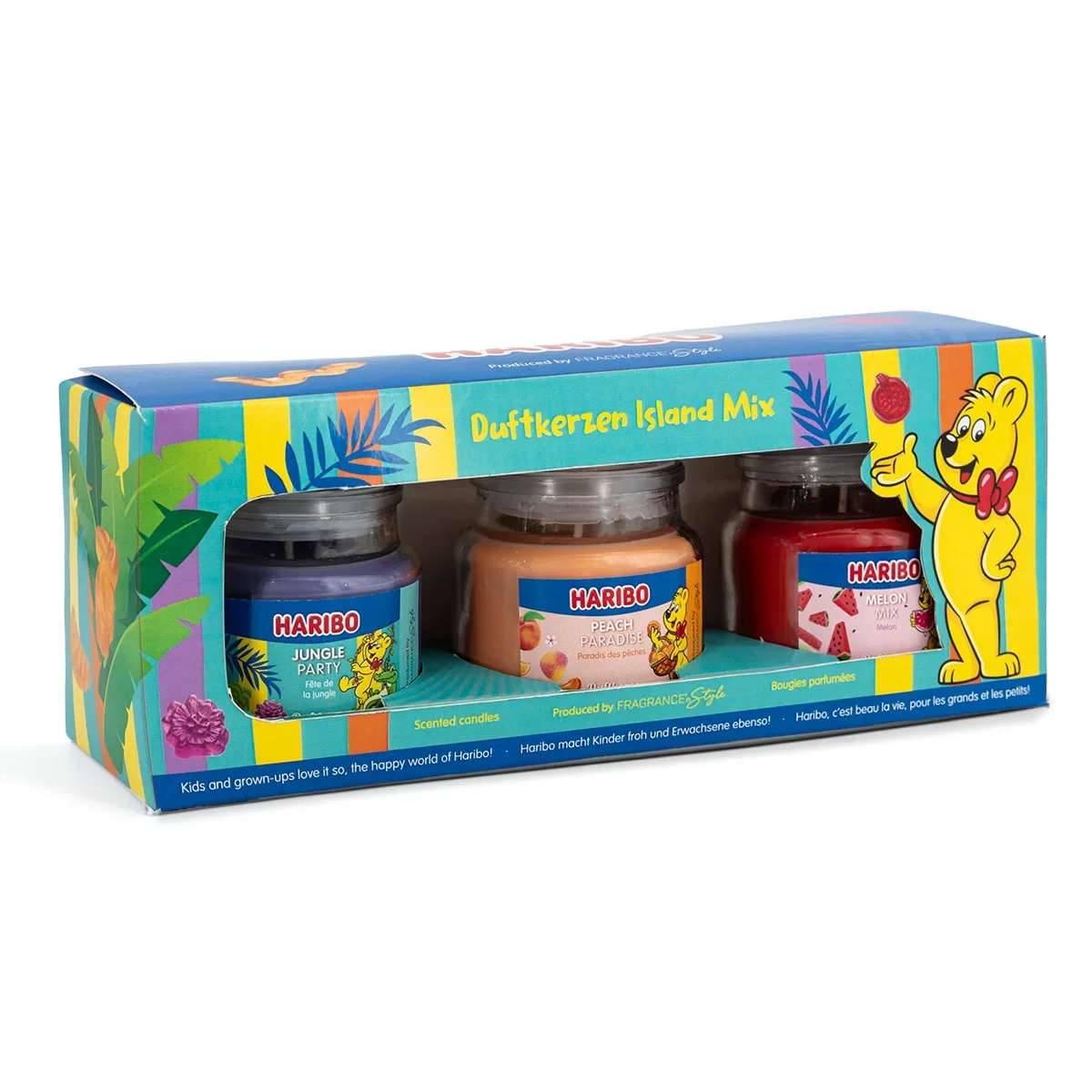 Haribo Duftkerzen Island Mix Geschenkset mit drei Duftkerzen-Gläsern in tropisch gestalteter Verpackung mit dem Haribo-Bären-Maskottchen.