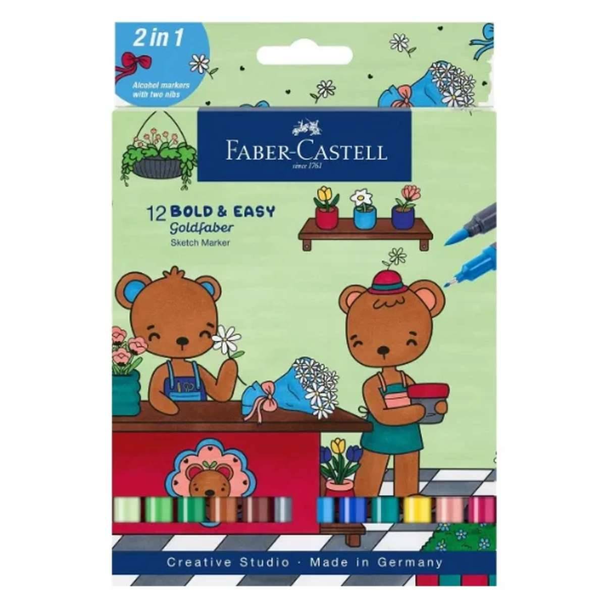 Faber-Castell '12 Kräftig & Einfach Goldfaber Sketch Marker' Set mit zwei Cartoon-Bären beim Zeichnen, beschriftet mit '2 in 1' und 'Creative Studio · Made in Germany'.