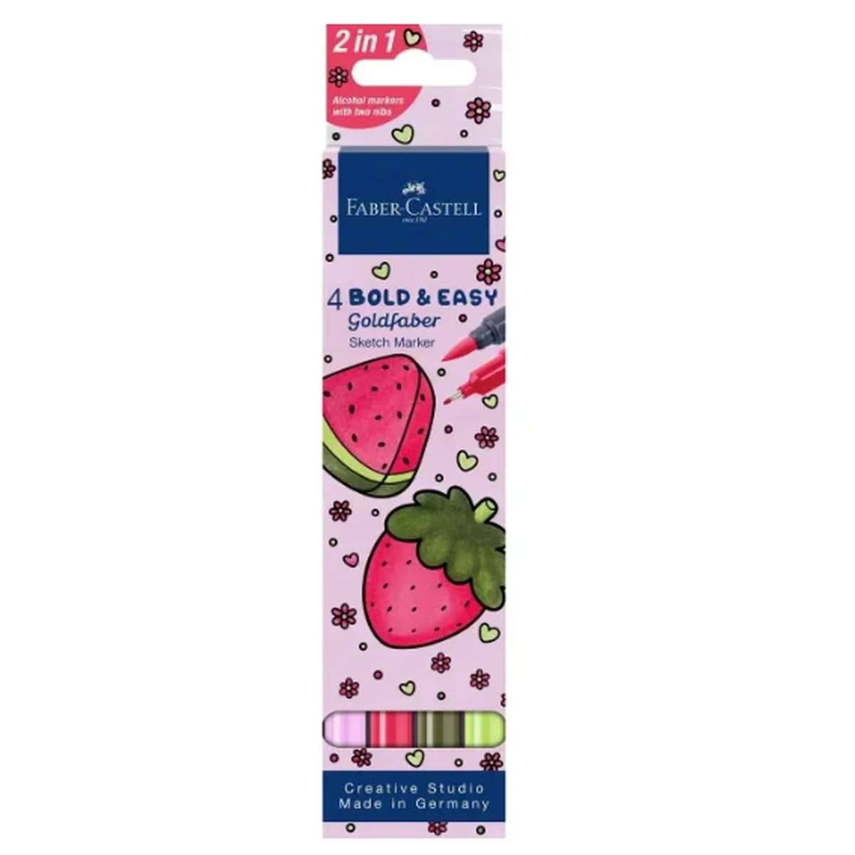 Faber-Castell 4 Bold & Easy Goldfaber Skizzenmarkerset, Rosa 2-in-1 Verpackung mit Erdbeeillustrationen und vier sichtbare Markerfarben am unteren Rand.