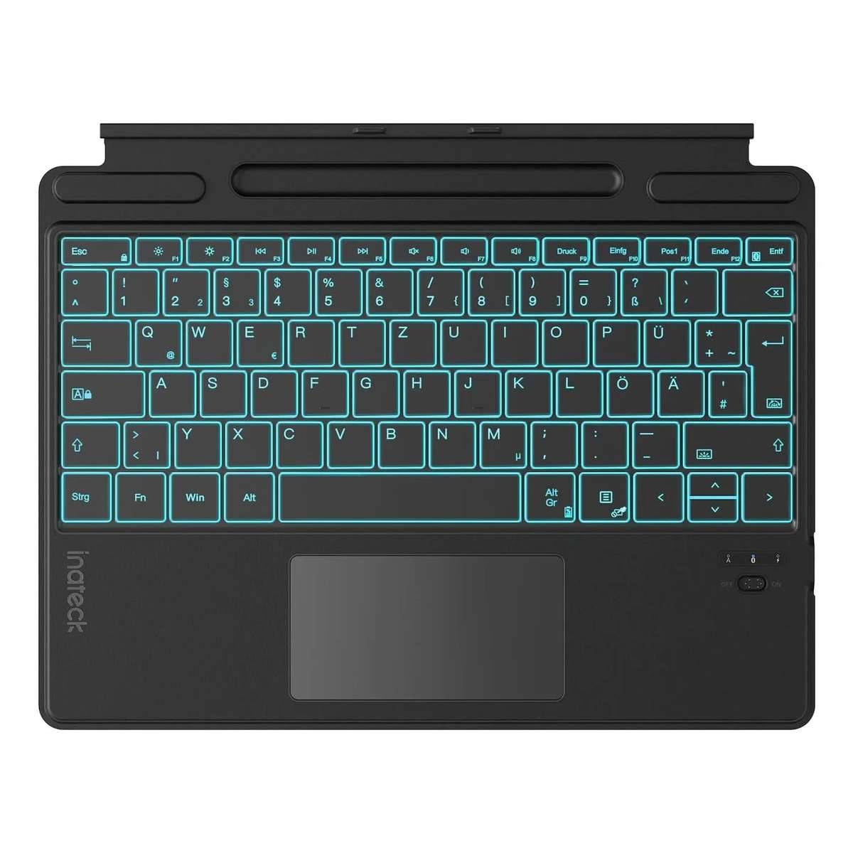 Schwarze abnehmbare Laptop-Tastatur mit türkisfarbener Hintergrundbeleuchtung und integriertem Touchpad