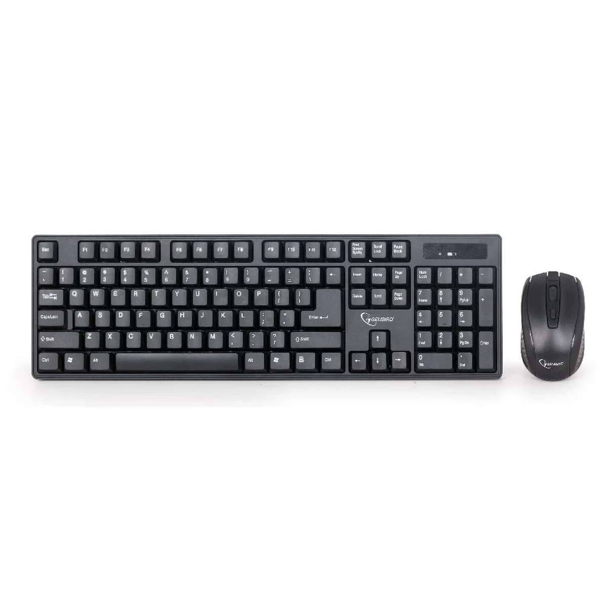 Schwarze kabellose Tastatur und Maus auf weißem Hintergrund, von oben fotografiert.