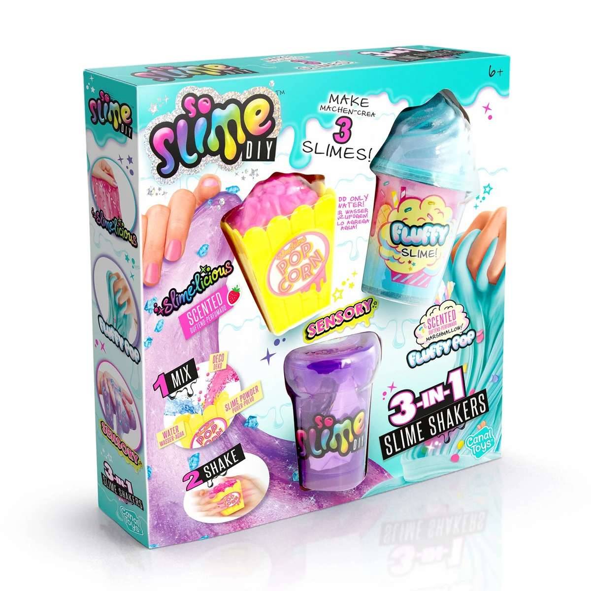 Boxed Slime DIY kit packaging zeigt drei farbenfrohe Slime-Shaker-Behälter und Etiketten wie 