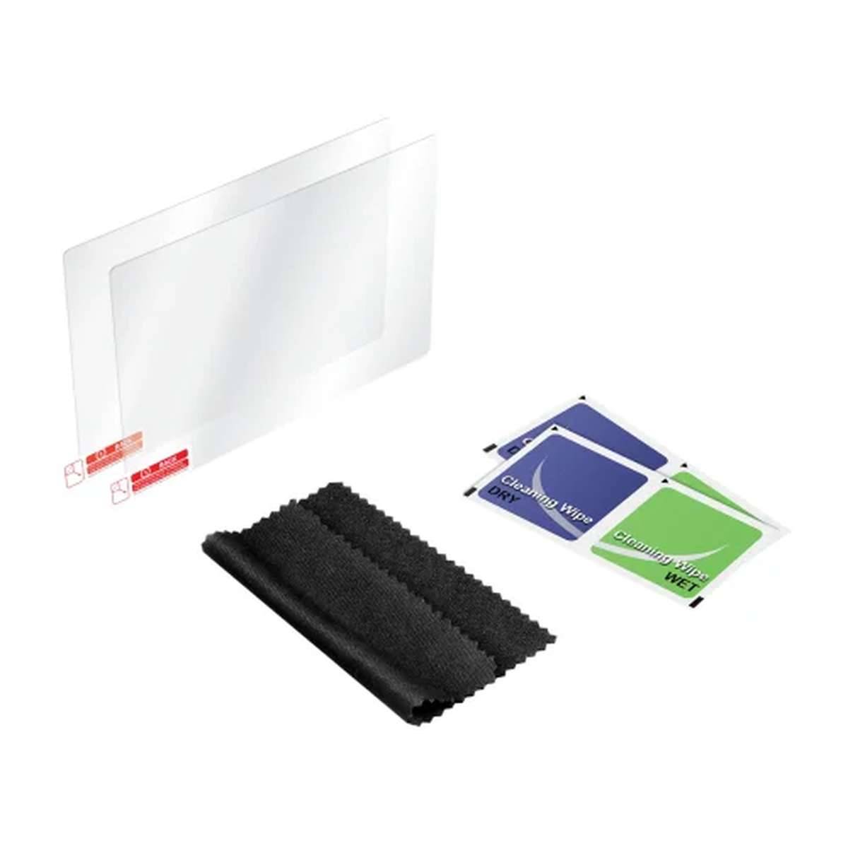 Displayschutzfolien-Set mit zwei transparenten Glassschutzfolien, schwarzem Reinigungstuch und Trocken-/Feuchttüchern
