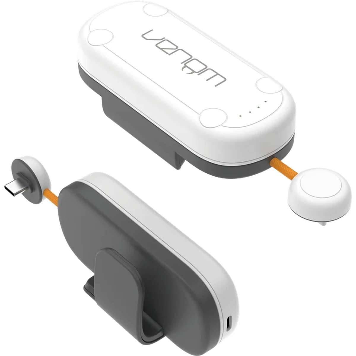 Zwei kompakte weiß-graue intelligente Geräte mit orangefarbenen Kabeln und kreisförmigen Endstücken, dargestellt als Produktbild auf weißem Hintergrund.