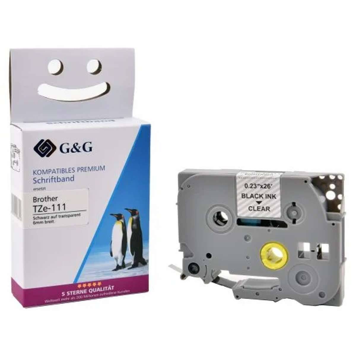 G&G kompatibles Brother TZe-111 Premium-Etikettenbandset mit Patrone daneben, für schwarze Tinte auf transparenten Etiketten.