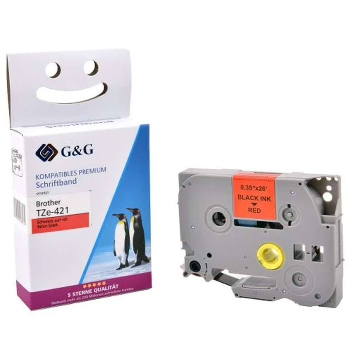 G&G kompatibles Brother TZe-421 Etikettenband mit einer Schachteln neben einer grauen Etikettenpatrone mit schwarzer Tinte und rotem Text.