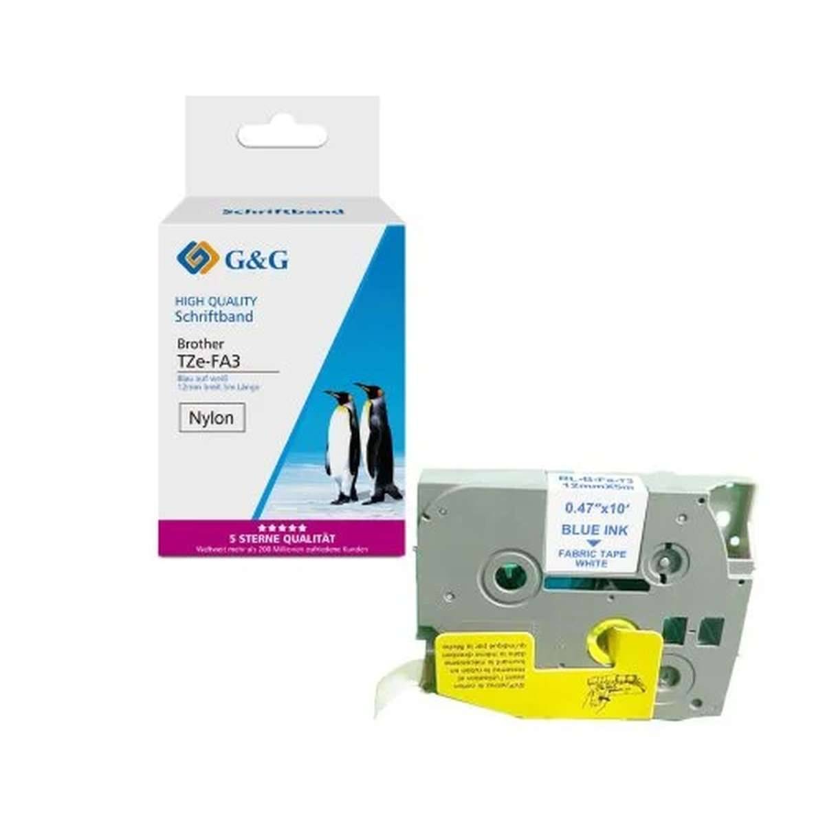 G&G Brother TZe-F3 Etikettenband-Kassette mit blauer Tinte, neben ihrer Einzelhandelsverpackung gezeigt.