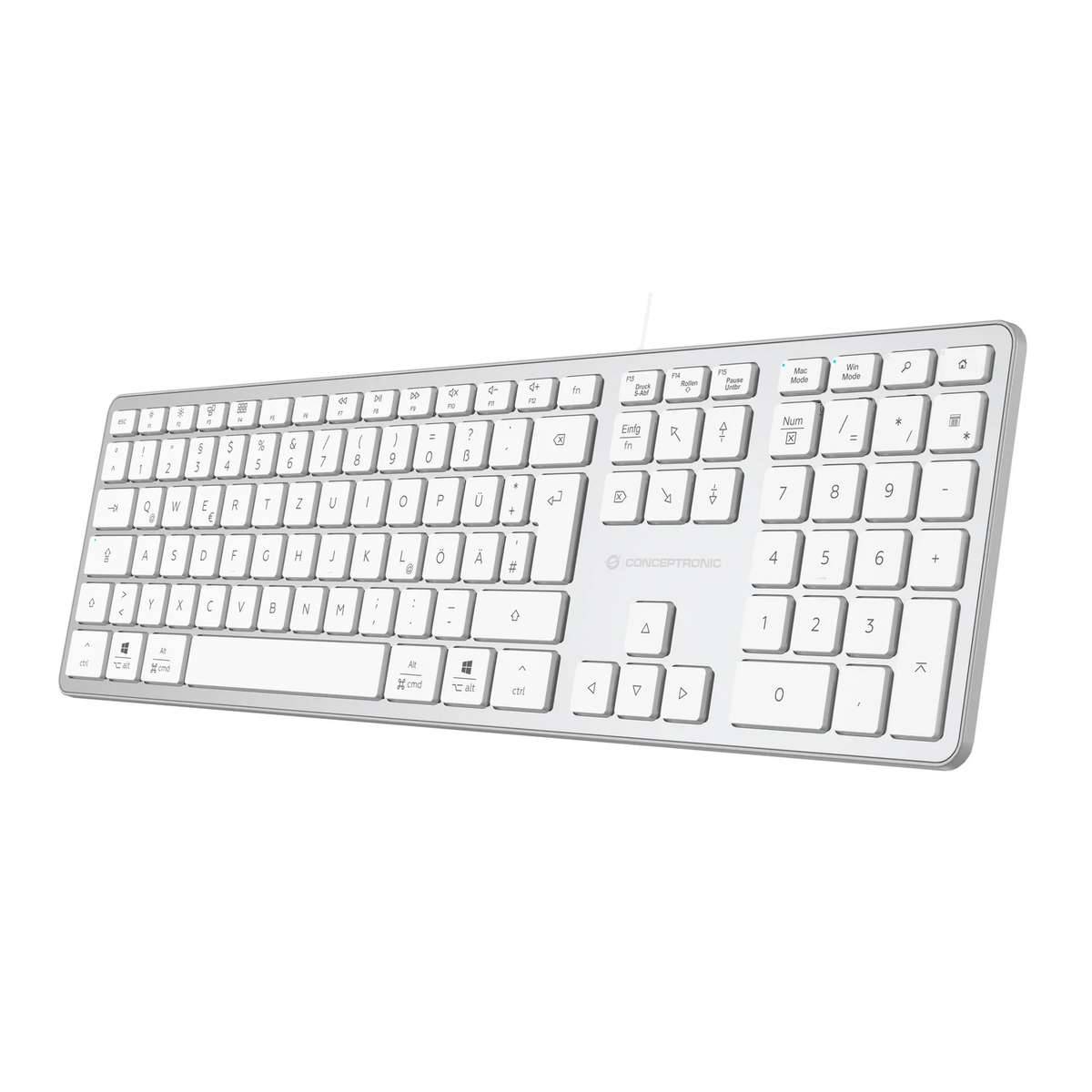 Weiße kabelgebundene Vollgrößen-Computertastatur mit Ziffernblock, in einer Winkelaufnahme auf neutralem Hintergrund gezeigt.