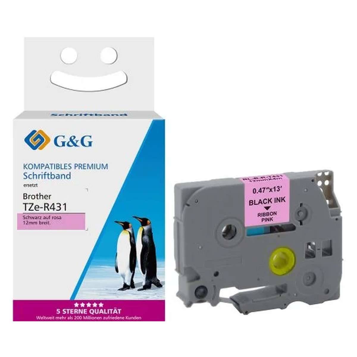 G&G kompatible Premium-Etikettenband-Box für Brother TZe-R431, mit einer schwarzen Tintenband-Kartusche daneben abgebildet.