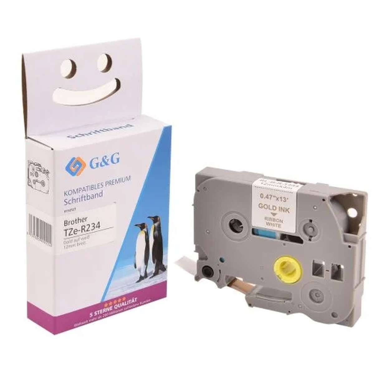 Produktfoto einer kompatiblen G&G Brother TZe-R234 Premium-Farbband-Tintenpatrone in Weiß neben ihrer Verpackung mit Pinguin-Grafik.