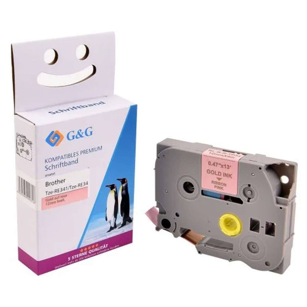 G&G kompatible Premium-Etikettentapekarton und eine grau Brother-kompatible Etikettenkassette mit rosa-goldenem Tintenpat­rone, nebeneinander dargestellt.