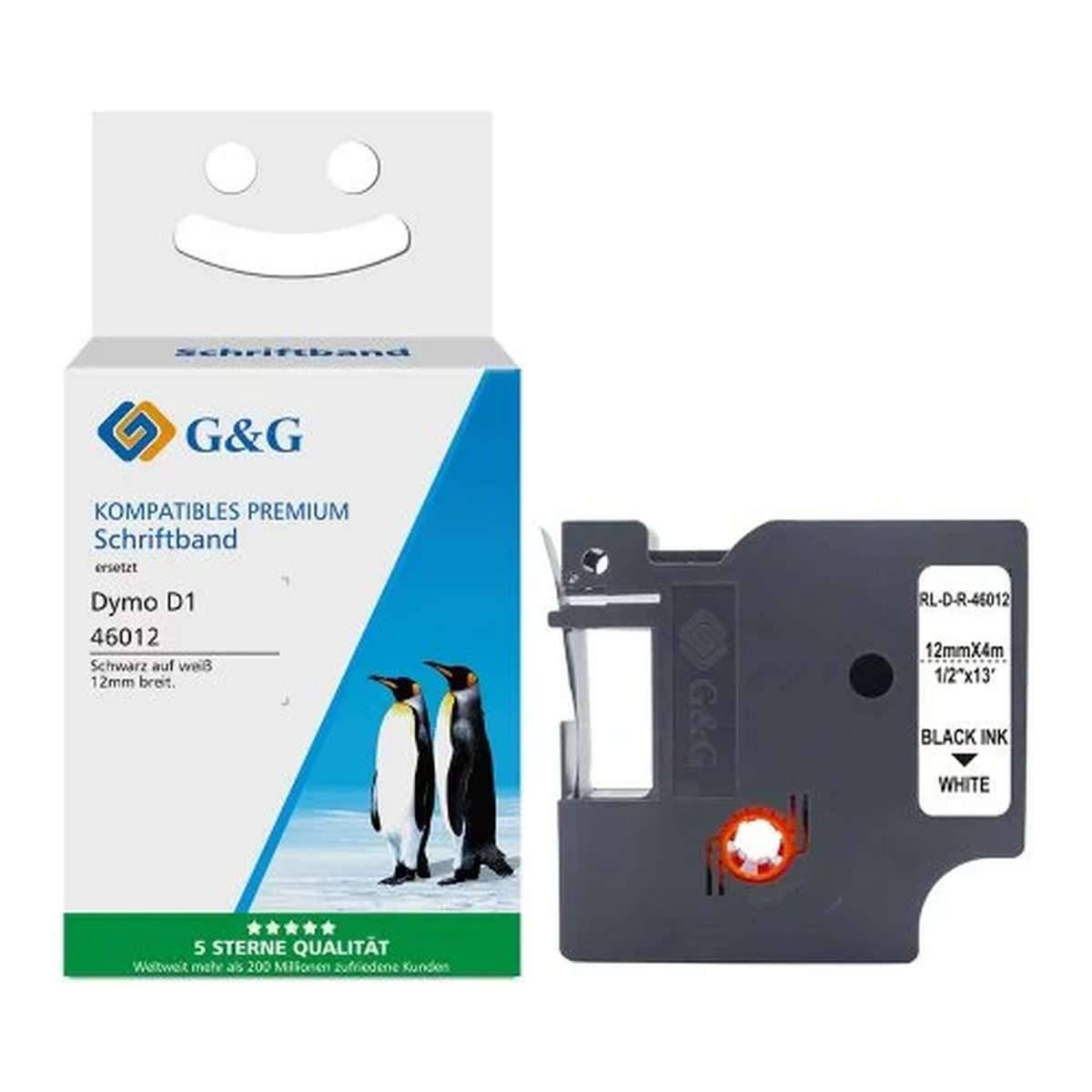 G&G kompatible Premium-Farbband-Kassette und schwarze Tintenpatrone mit Beschriftung für Dymo D1 46012, schwarz auf weiß, 12 mm x 4 m.