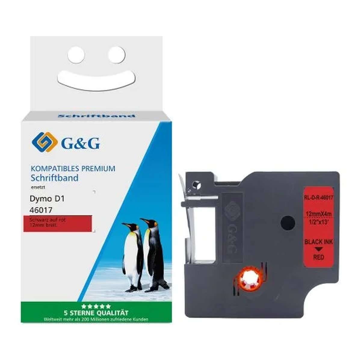 G&G Premium kompatible Dymo D1 Etikettenkassette in Schwarz und Rot, abgebildet neben ihrer Produktschachtel mit Pinguinbild.