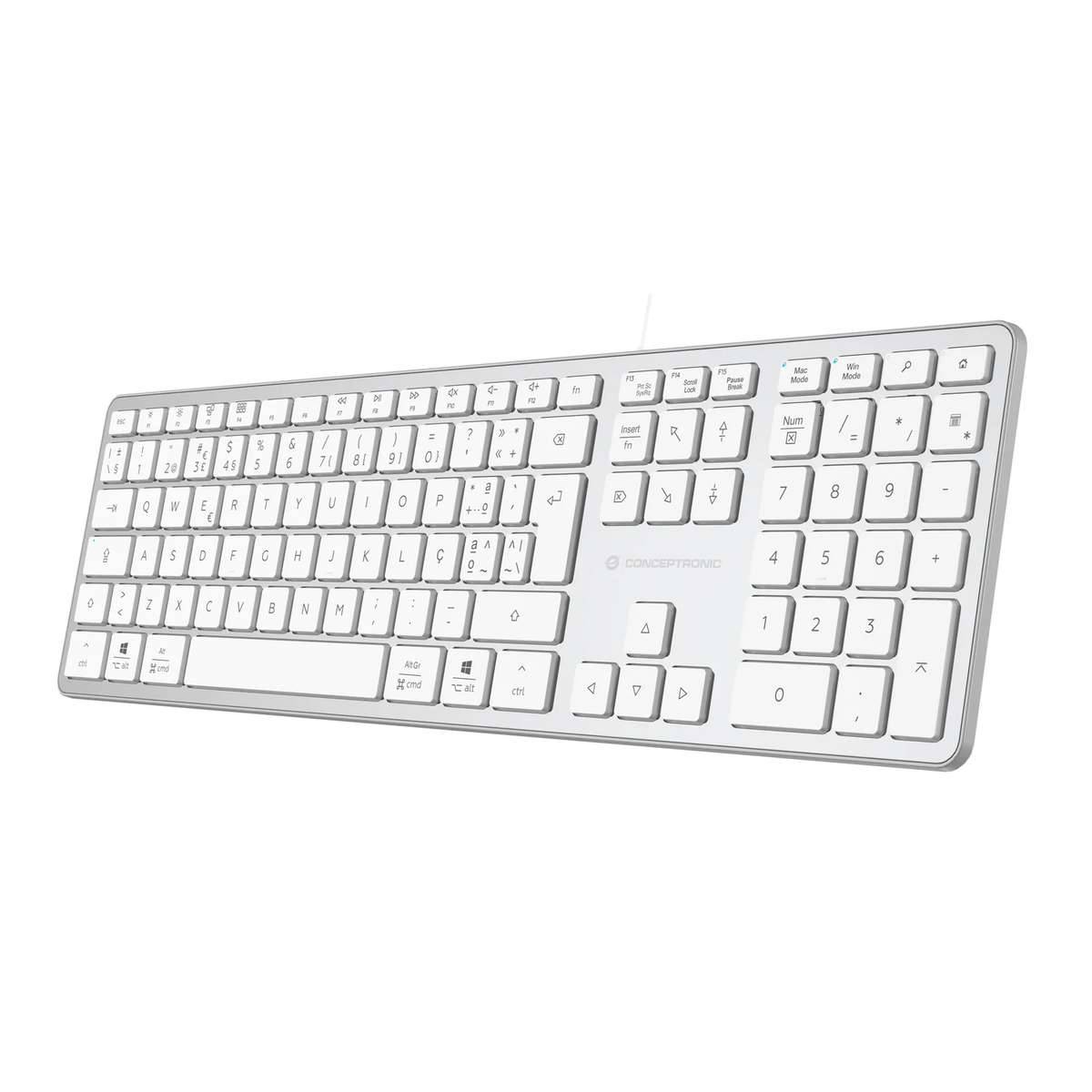 Weiße kabellose Computertastatur mit großformatigen Tasten und Ziffernblock, abgebildet auf schlicht weißem Hintergrund.