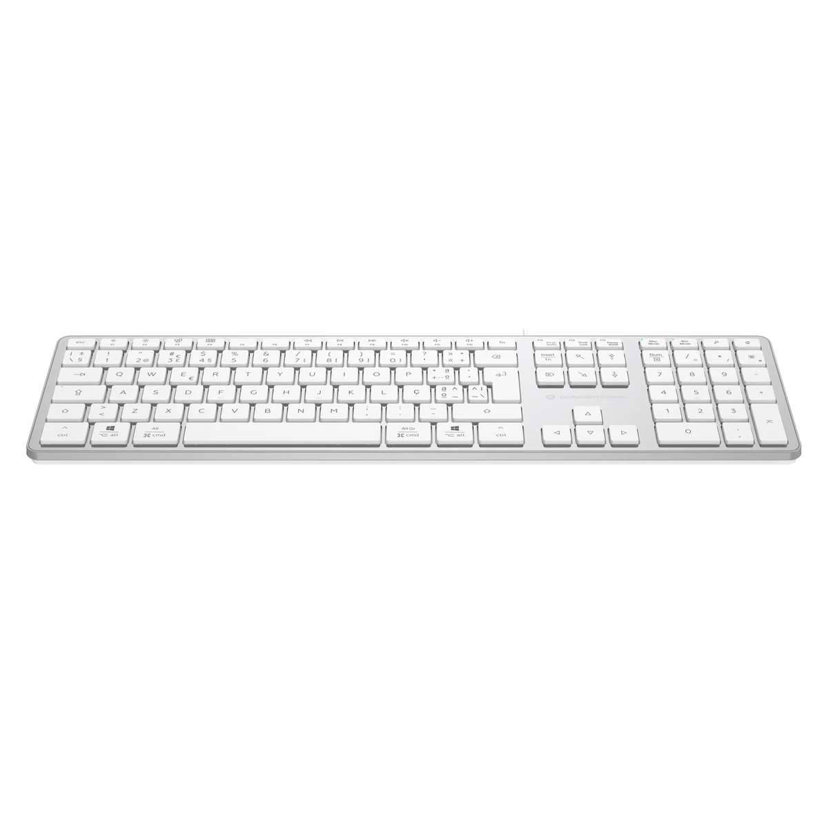 Weiße kabellose Vollgröße-Computertastatur mit Ziffernblock auf einfachem Hintergrund.