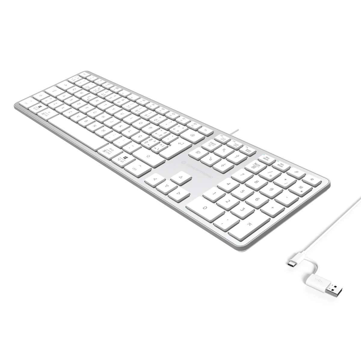 Weiße kabelgebundene Computertastatur in schräger Ansicht auf einem einfachen weißen Hintergrund, mit sichtbarem USB-Kabel und Stecker.