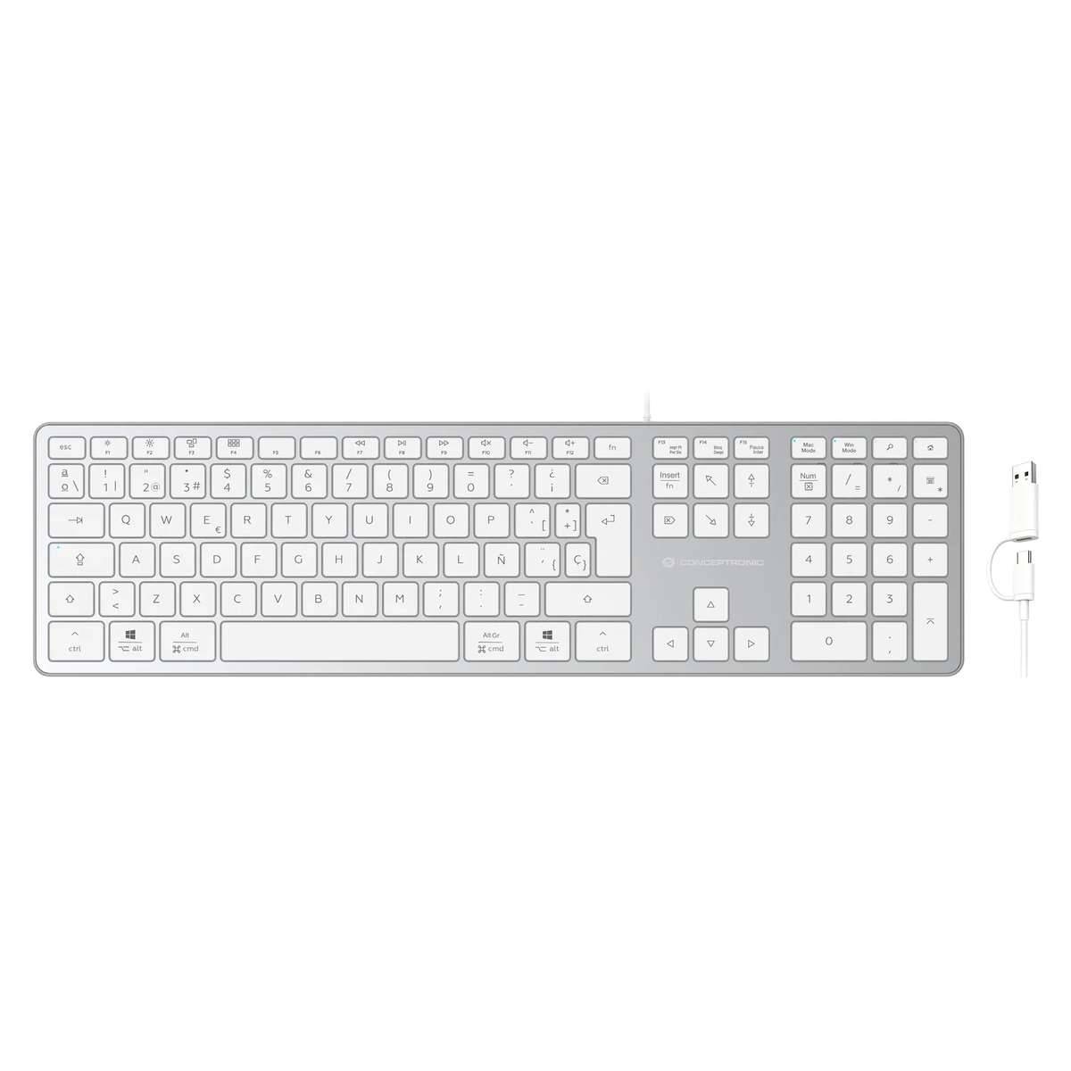 Weiße kabellose Vollgrößen-Tastatur mit Ziffernblock und USB-Empfänger auf einfachem Hintergrund dargestellt.