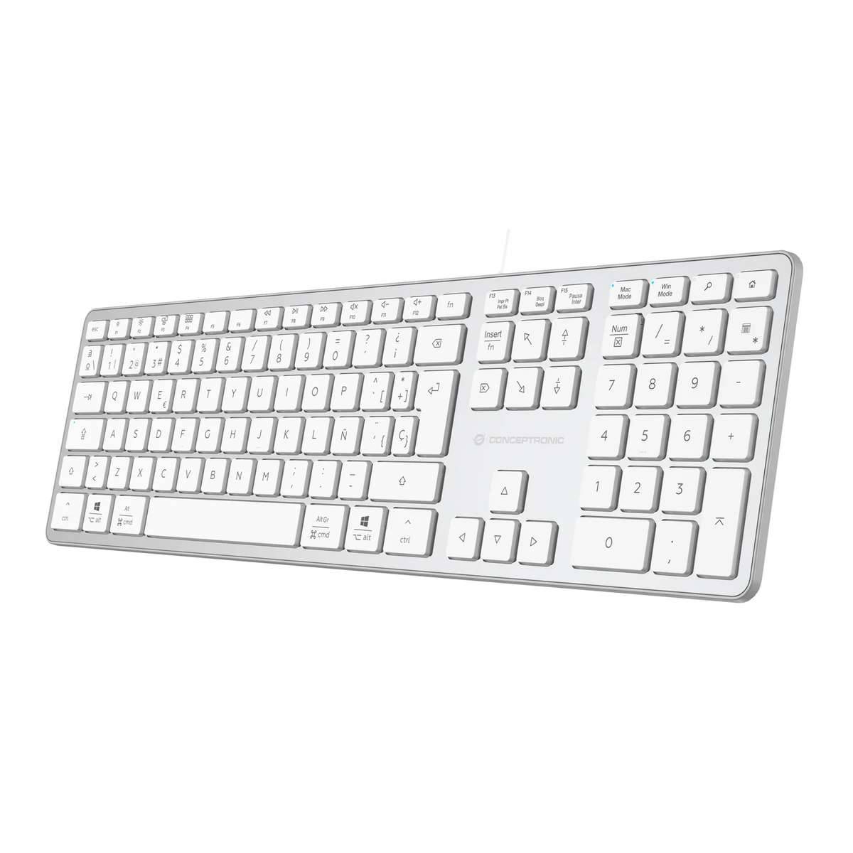 Weiße schnurlose Vollgröße-Computertastatur mit Ziffernblock und Funktionstasten auf einfachem Hintergrund.
