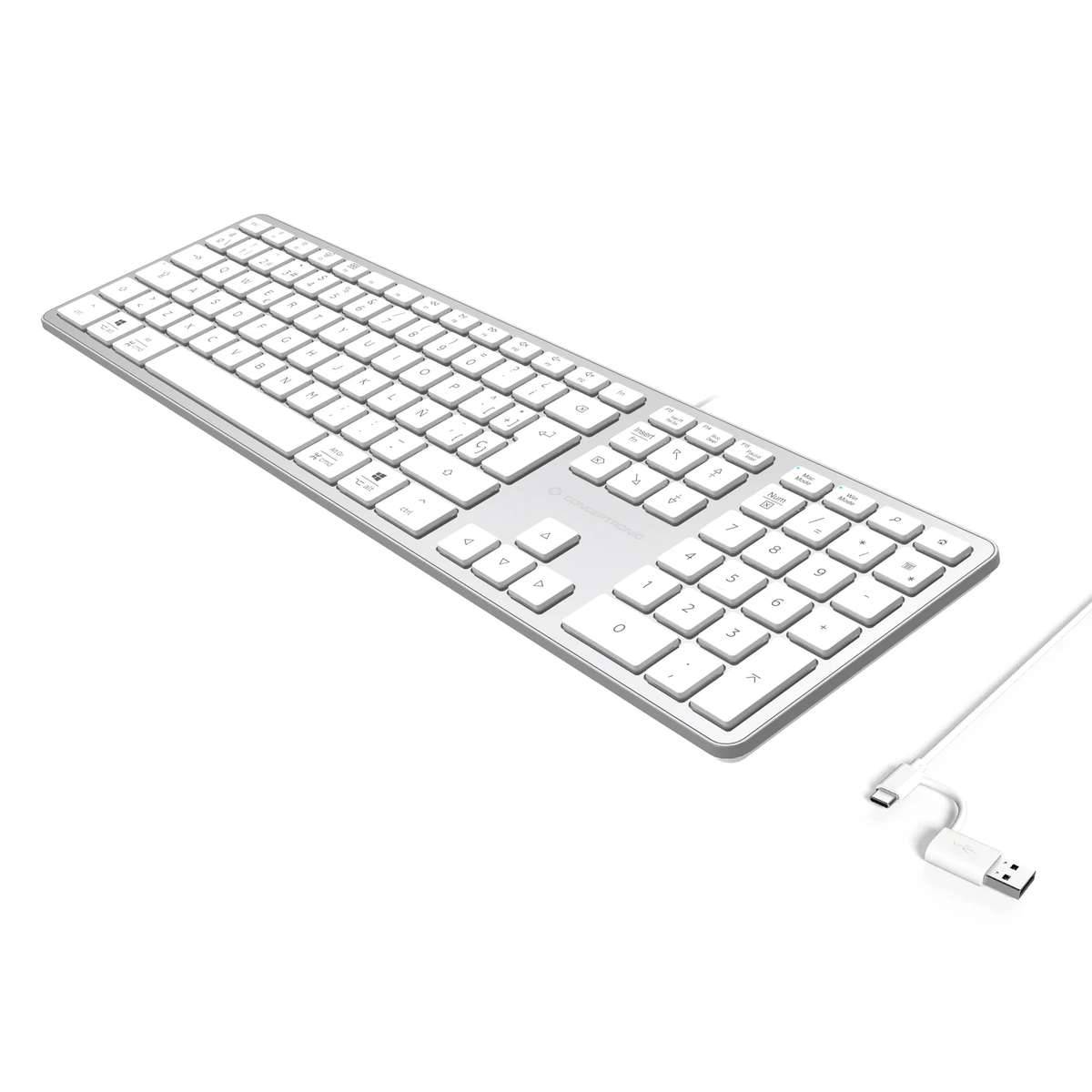 Weiße kabelgebundene Computertastatur mit Ziffernblock und USB-Anschluss auf einem einfachen Hintergrund.