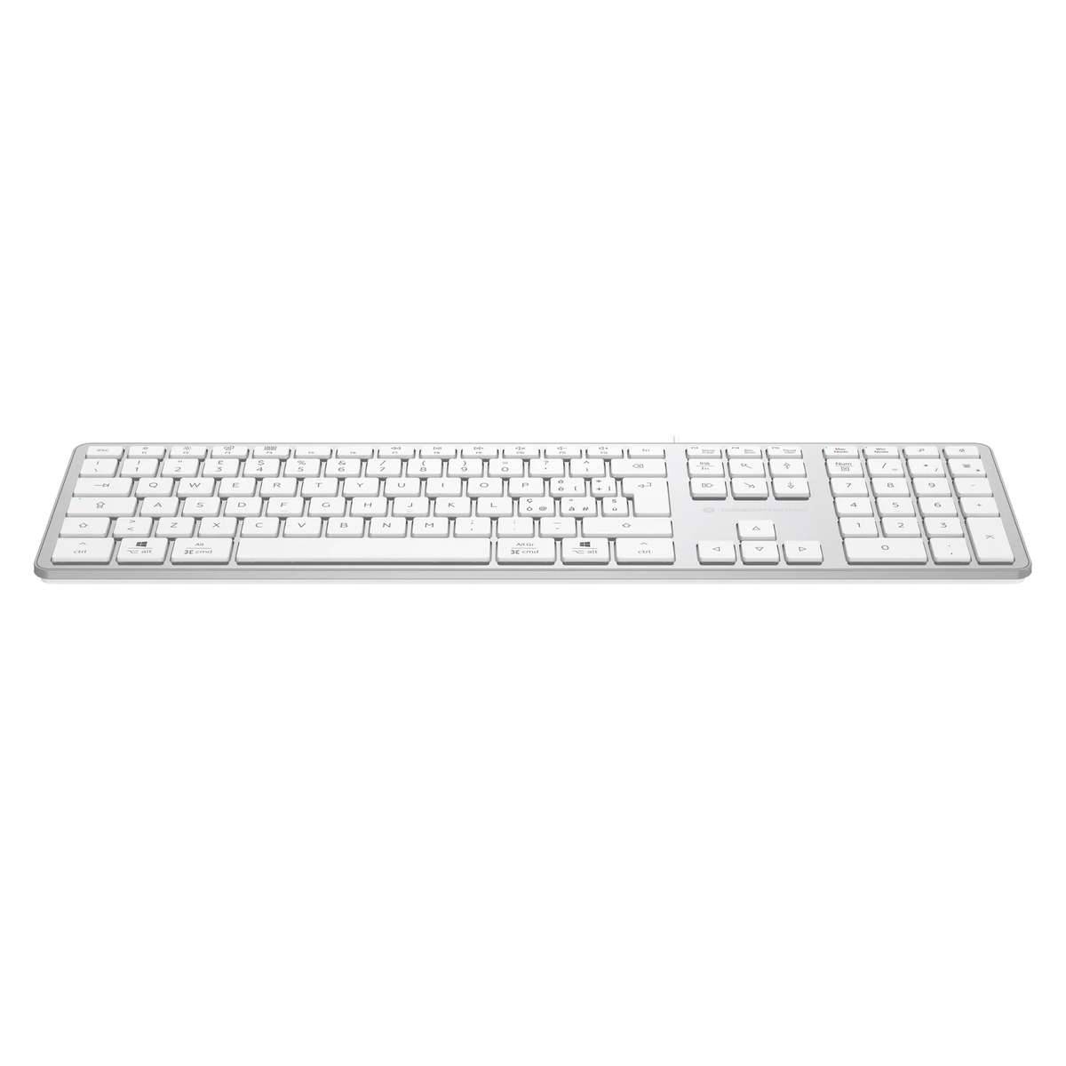 Weiße Computertastatur mit vollständigem Layout und numerischem Tastenfeld auf einfachem weißem Hintergrund.