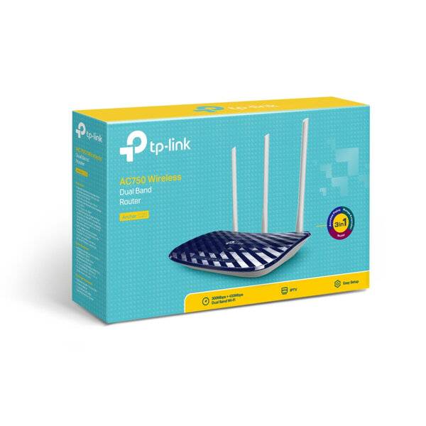 TP-Link AC750 Wireless Dual-Band-Router in türkisfarbener Verpackung mit abgebildetem Drei-Antennen-Router und „3 in 1"-Badge.
