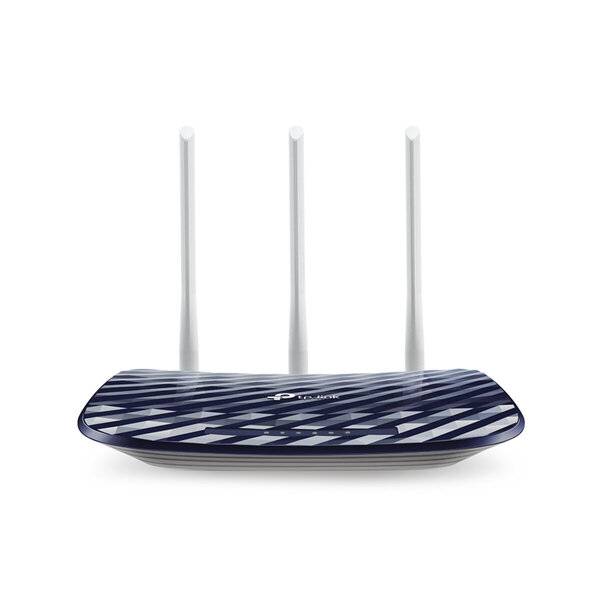 Blauer WLAN-Router mit drei aufrechten Antennen auf weißem Hintergrund.