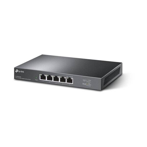 TP-Link Desktop-Ethernet-Switch mit fünf vorderen RJ45-Anschlüssen und Statusleuchten, gezeigt auf weißem Hintergrund.