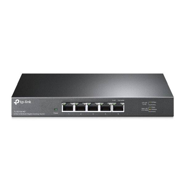 Vorderansicht eines TP-Link-Netzwerk-Switches zur Rackmontage mit fünf Ethernet-Anschlüssen und Statusleuchten auf einem dunklen Metallgehäuse.