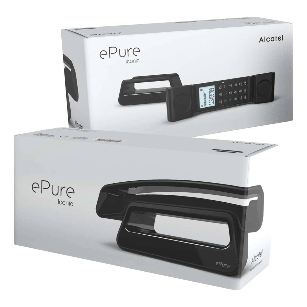 Zwei Alcatel ePure Iconic schnurlose Telefone in Boxen, die den schwarzen Hörer und die Basis auf weißer Verpackung zeigen.
