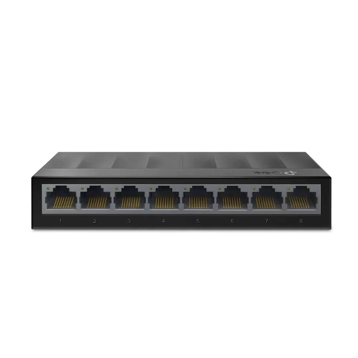 Schwarzer 8-Port-Ethernet-Netzwerk-Switch von vorne mit nummerierten RJ45-Ports 1 bis 8.