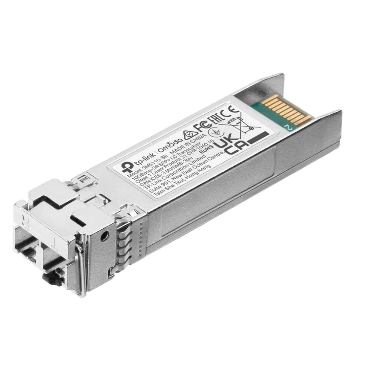 Silbernes SFP-Transceiver-Modul mit RJ45-ähnlichem Anschluss und vergoldetem Steckerrand, isoliert auf weißem Hintergrund dargestellt.