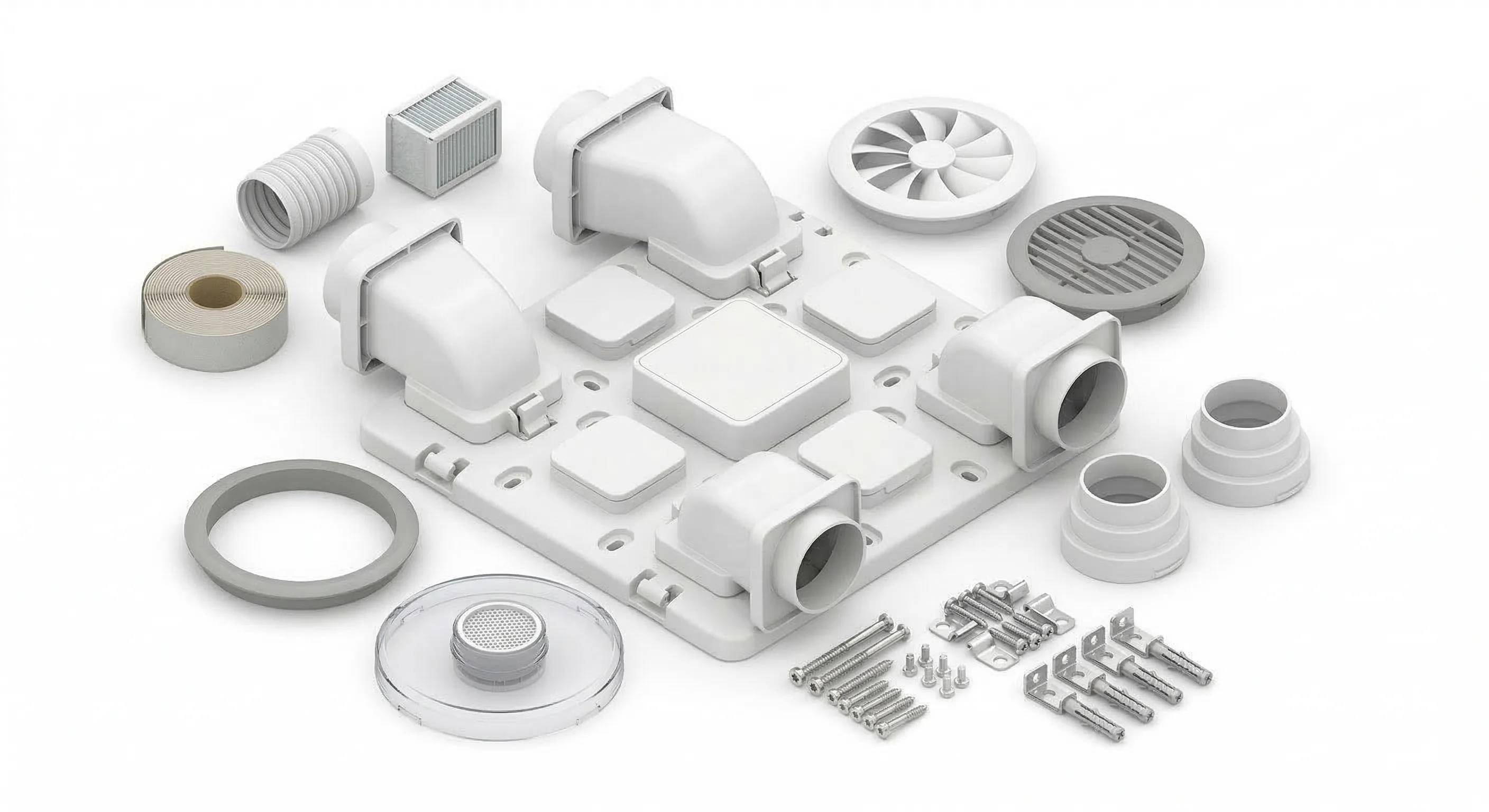 Explodierte Ansicht einer weißen Lüftungs- oder Klimaanlage mit Kanälen, Lüfterteilen, Filtern, Lüftungsgittern, Ringen und Schrauben angeordnet für die Montage.