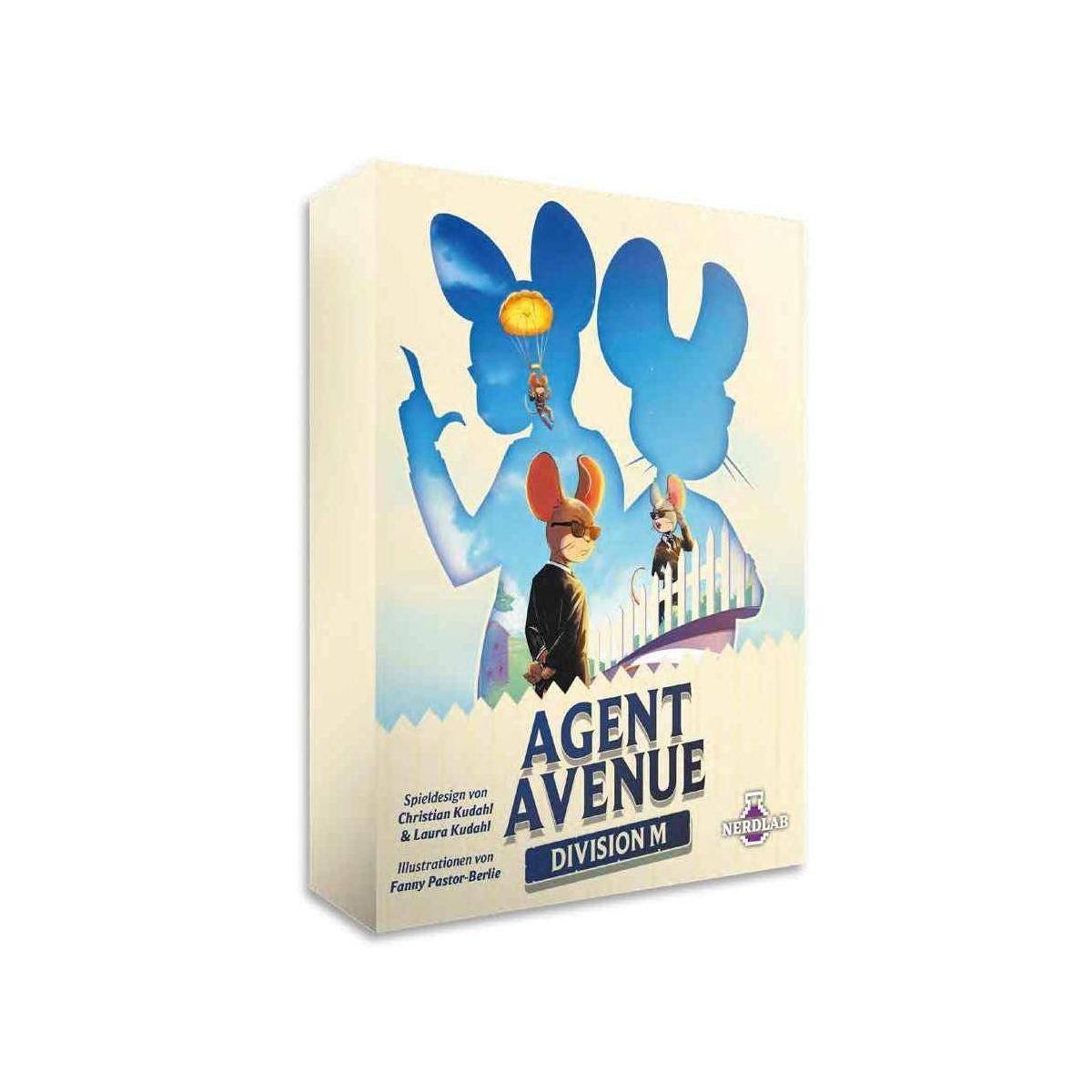 Schachtelvorderseite für das Brettspiel „Agent Avenue: Division M