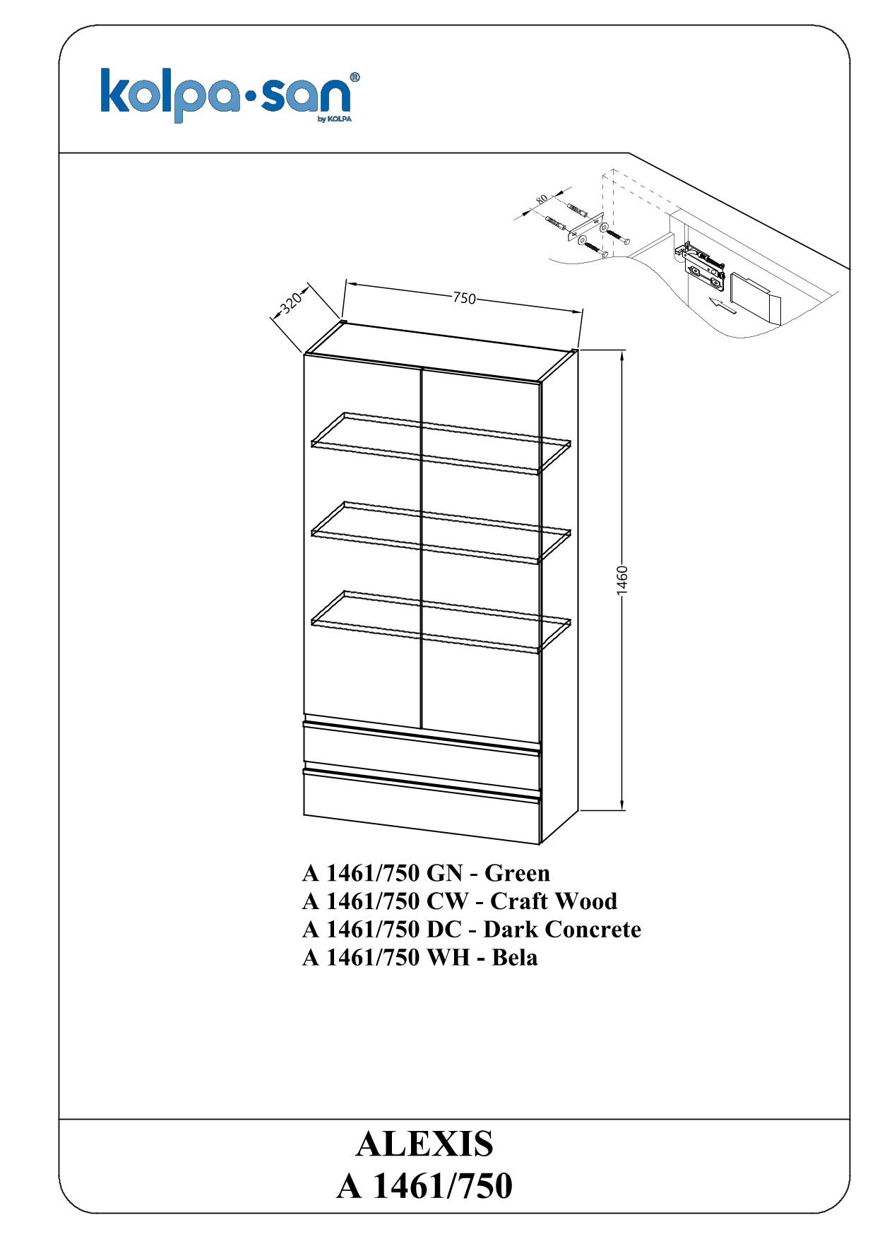 Technische Produktzeichnung eines Kolpa-San ALEXIS A 1461/750 Unterschranks mit Frontal- und Perspektivansichten mit Abmessungen und Oberflächen: Grün, Handwerksholz, Dunkelbeton und Weiß.