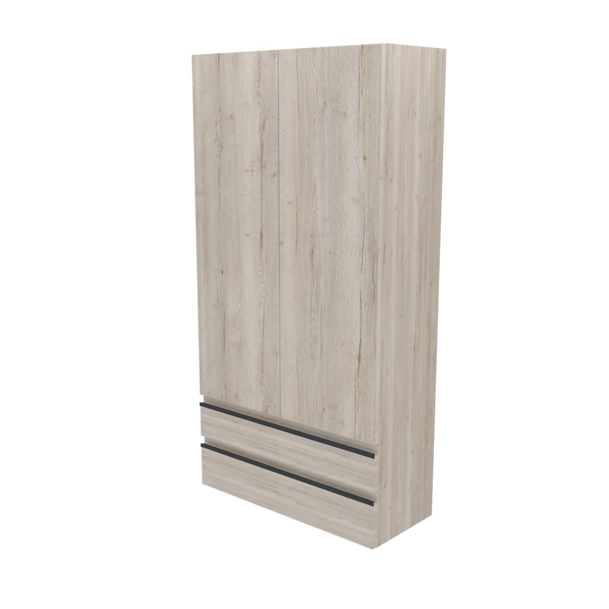 Hohes Kleiderschrank aus hellem Holz mit zwei unteren Schubladen und dunklen horizontalen Griffen auf weißem Hintergrund