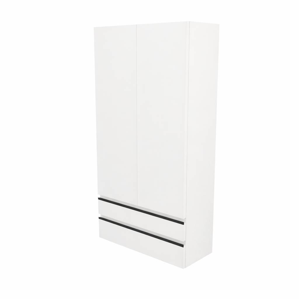 Moderner weißer hoher Aufbewahrungsschrank mit zwei unteren Schubladen, vor einem einfachen Hintergrund dargestellt.