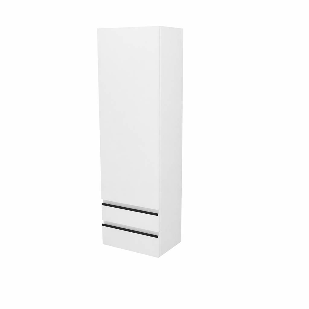 Weißer hoher Schrank mit zwei unteren Schubladen, auf neutralem Hintergrund abgebildet.