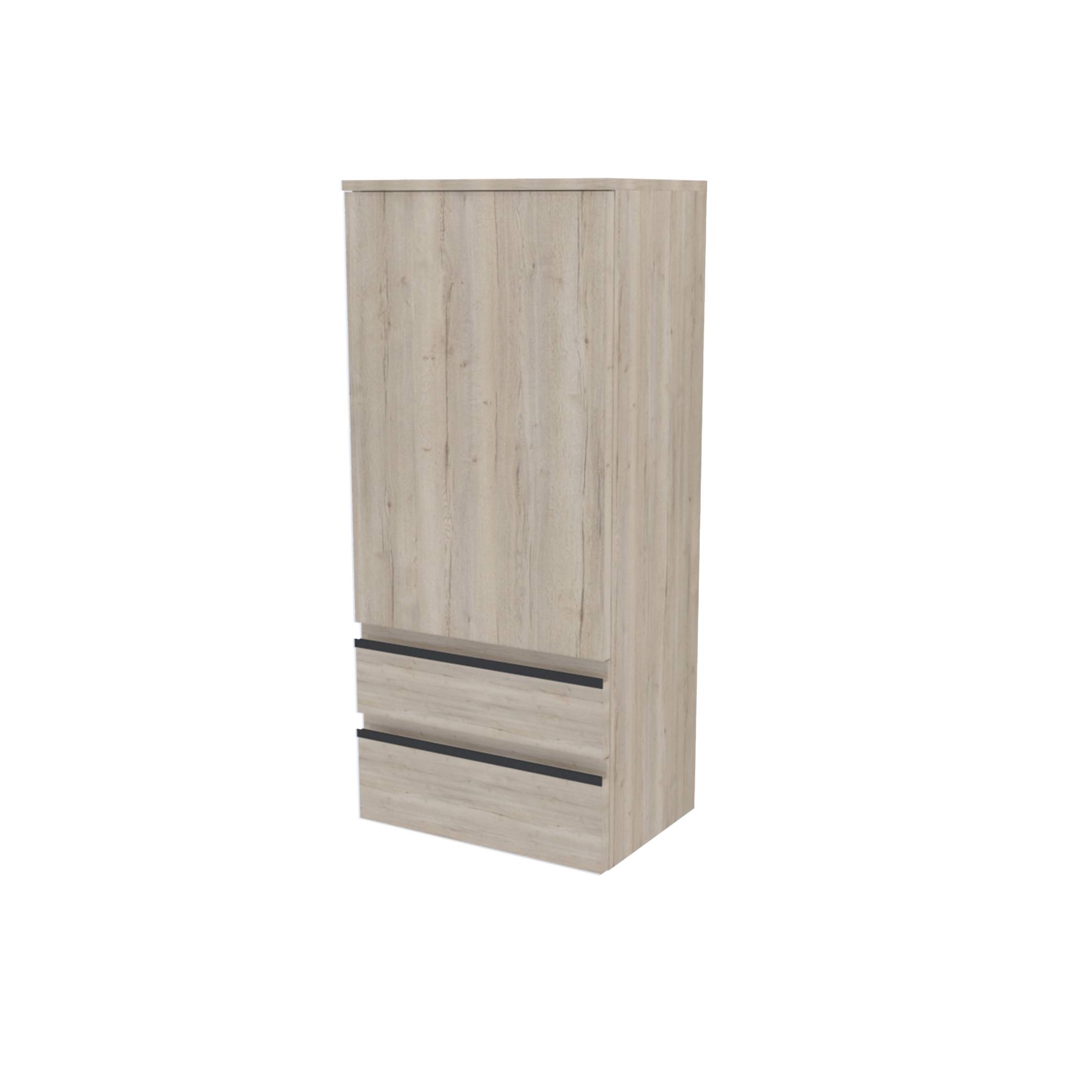 Hoher Speicherschrank aus hellem Holz mit zwei horizontalen Schubladen unten auf weißem Hintergrund.