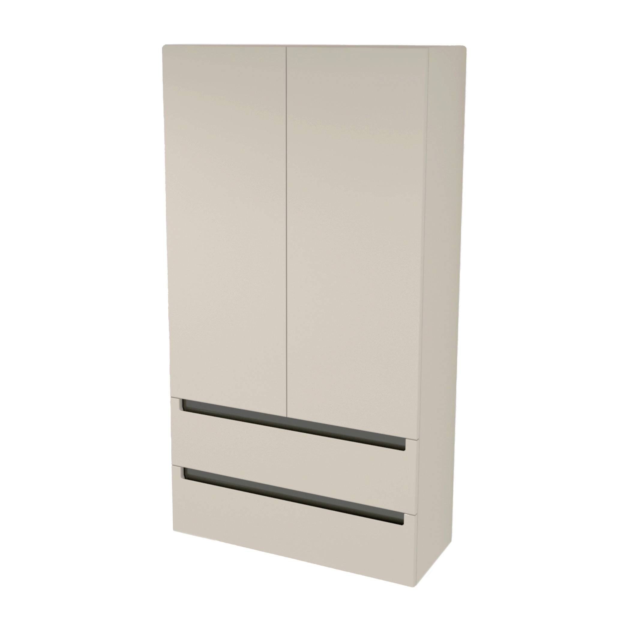 Beige zweitüriger Schrank mit zwei unteren Schubladen und dunklen horizontalen Griffen, vor weißem Hintergrund dargestellt.