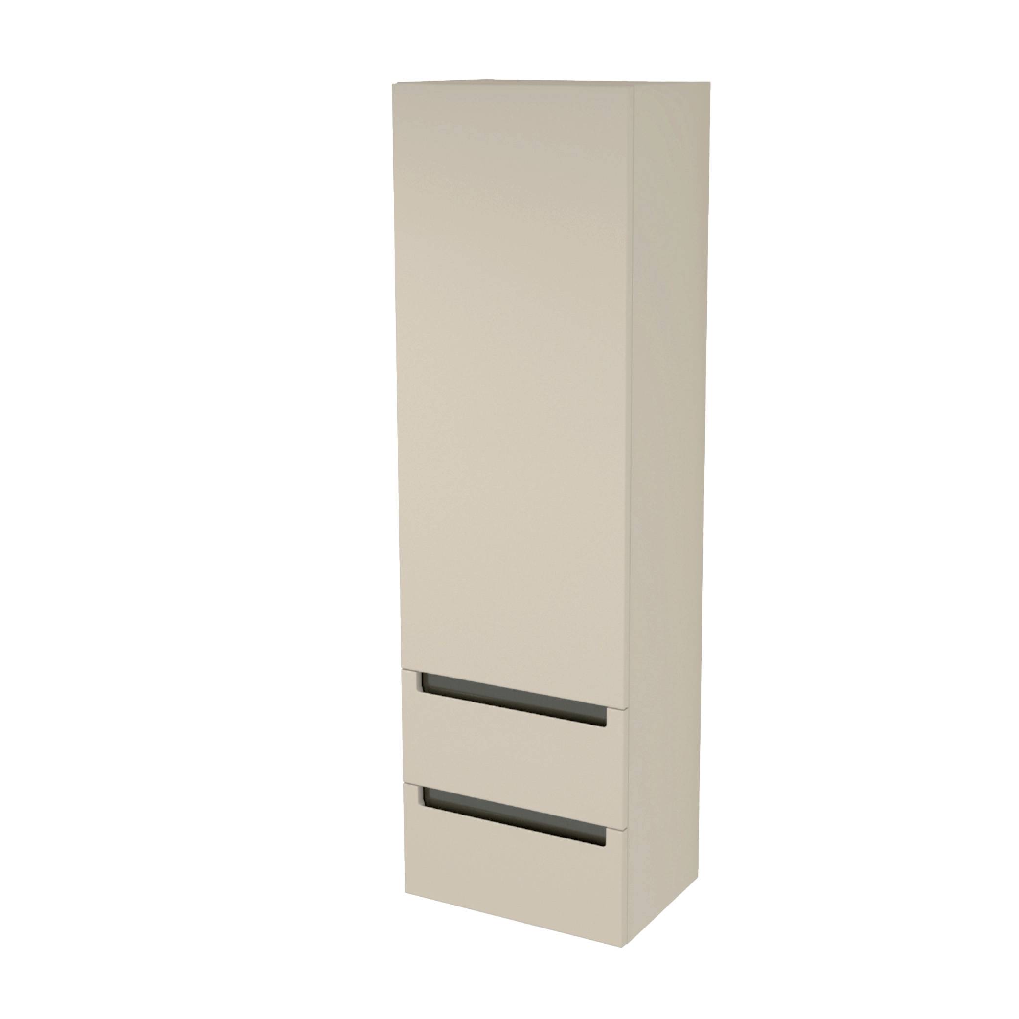 Hohes beiges Schrank mit zwei unteren Schubladen und dunklen horizontalen Griffen auf weißem Hintergrund.