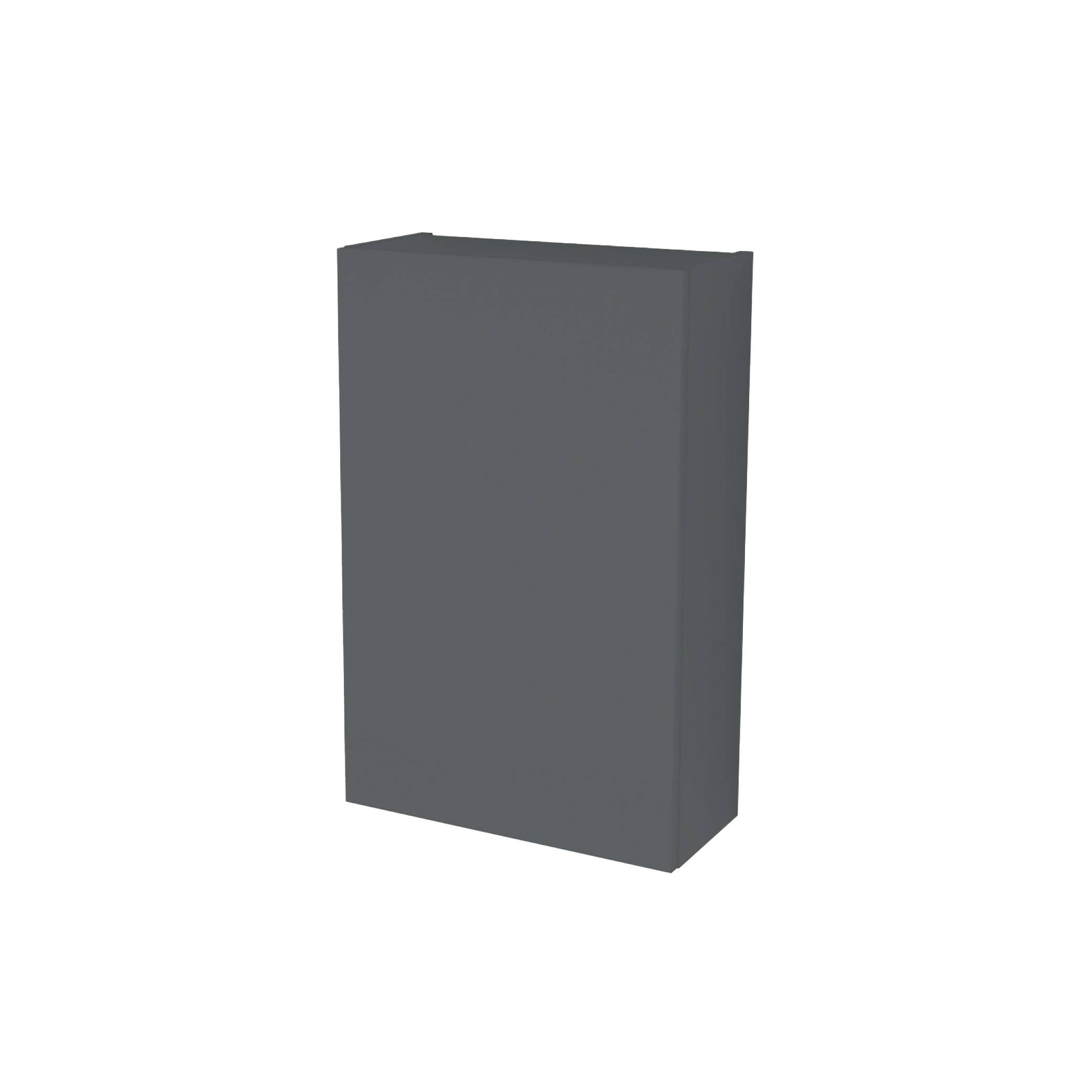 Grauer rechteckiger 3D-Kasten oder Schrank, aufrecht auf weißem Hintergrund stehend.